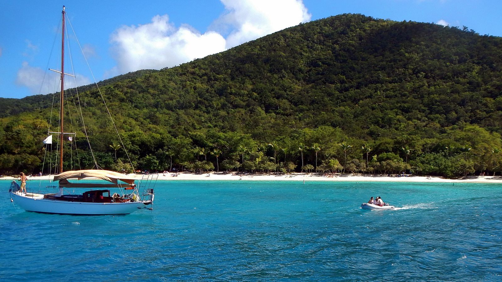 A sailboat and a small dinghy off a palm-lined white beach below a forested hill, one of the St. John beaches on the North Shore